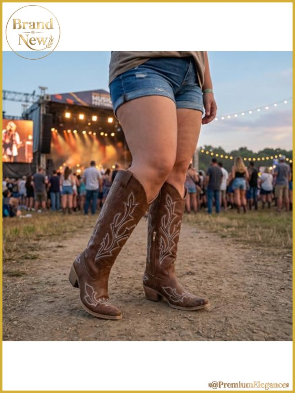 Wide Calf Western Cowboy Boots Faux Leather Knee High Square Toe - Picture 5 of 6